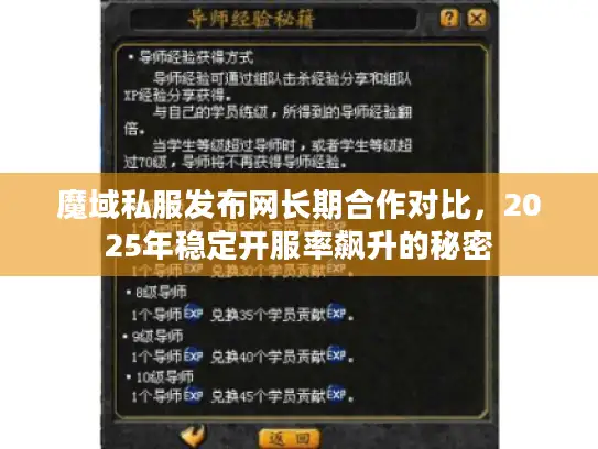 魔域私服发布网长期合作对比,2025年稳定开服率飙升的秘密 魔域私服发布网长期合作对比,2025年稳定开服率飙升的秘密