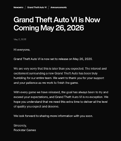 知名爆料人亲证《GTA6》跳票真相,2027年新篇章即将开启 知名爆料人亲证《GTA6》跳票真相,2027年新篇章即将开启